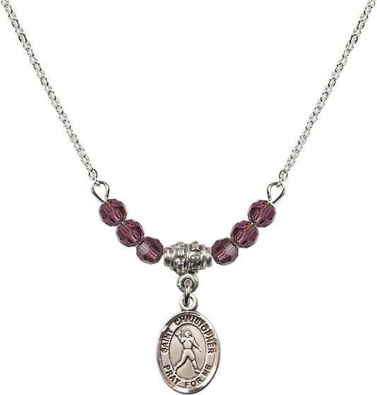 Sterling Silver Saint Christopher/Football Birthstone Necklace with Amethyst Beads - 9151