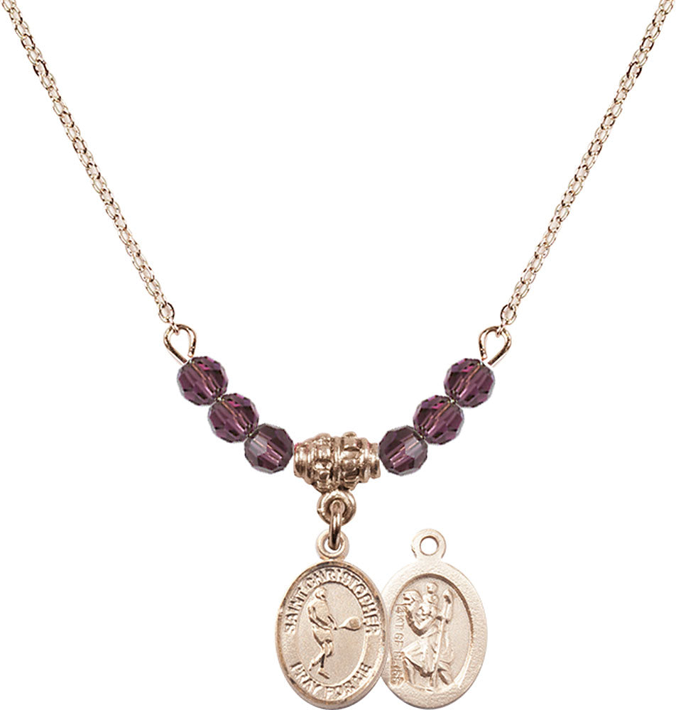 14kt Gold Filled Saint Christopher/Tennis Birthstone Necklace with Amethyst Beads - 9156