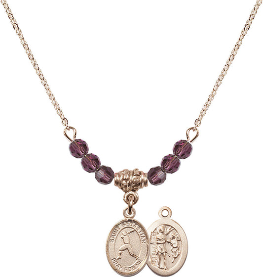 14kt Gold Filled Saint Sebastian/Baseball Birthstone Necklace with Amethyst Beads - 9160