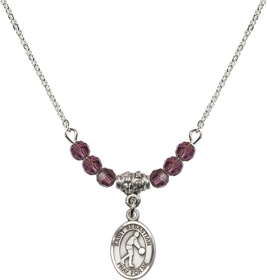 Sterling Silver Saint Sebastian/Basketball Birthstone Necklace with Amethyst Beads - 9163