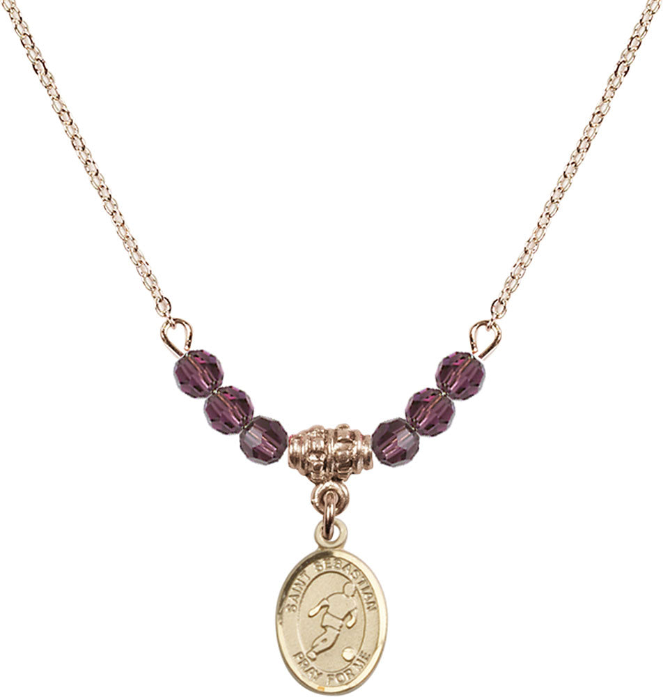 14kt Gold Filled Saint Sebastian/Soccer Birthstone Necklace with Amethyst Beads - 9164