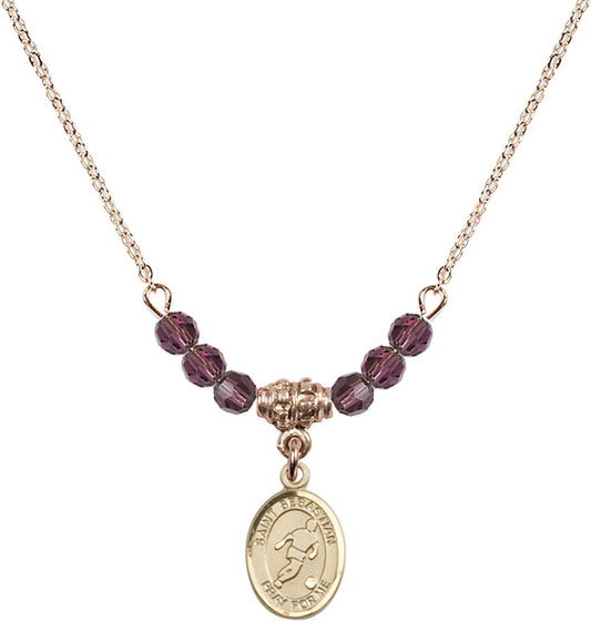 14kt Gold Filled Saint Sebastian/Soccer Birthstone Necklace with Amethyst Beads - 9164