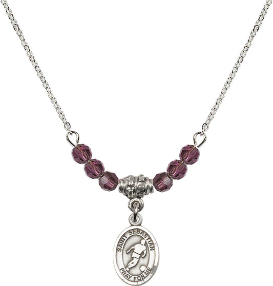 Sterling Silver Saint Sebastian/Soccer Birthstone Necklace with Amethyst Beads - 9164