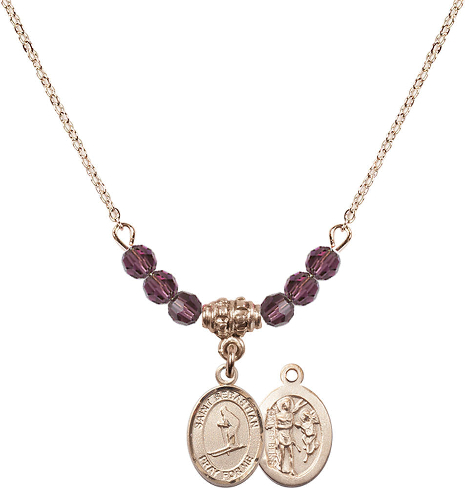 14kt Gold Filled Saint Sebastian/Skiing Birthstone Necklace with Amethyst Beads - 9169