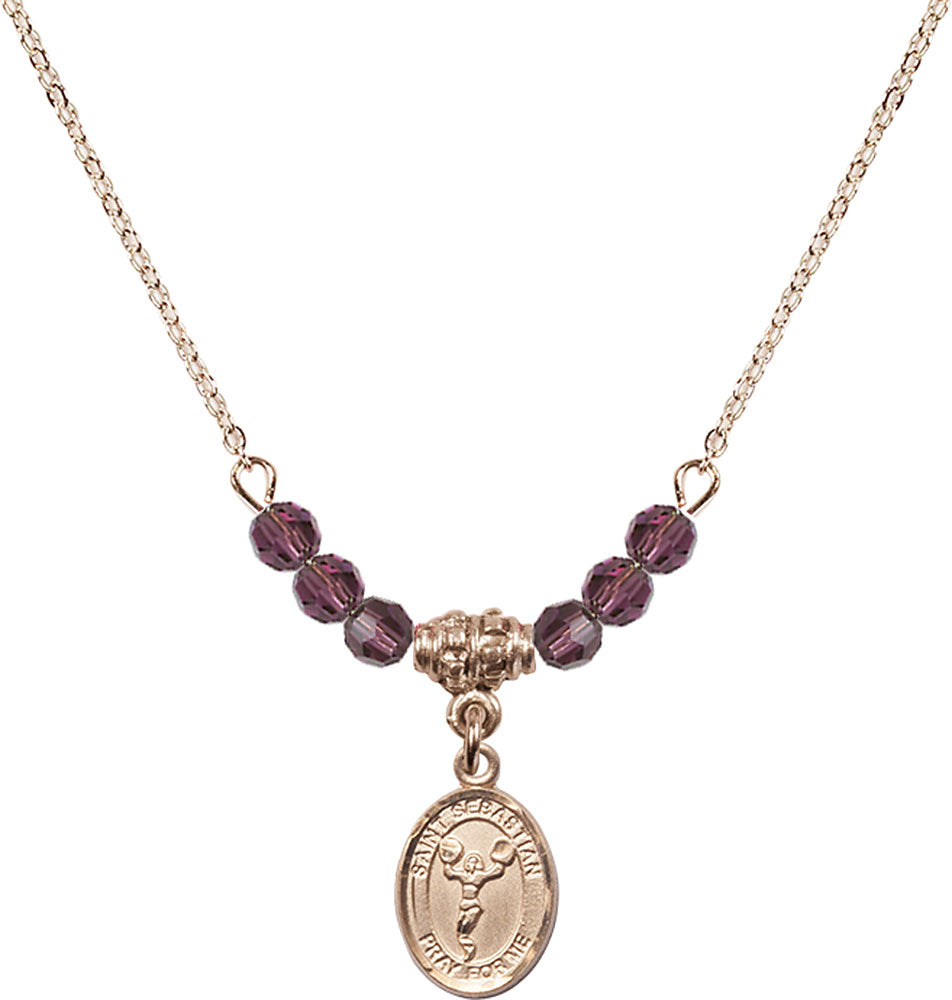 14kt Gold Filled Saint Sebastian/Cheerleading Birthstone Necklace with Amethyst Beads - 9170