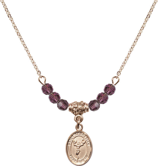 14kt Gold Filled Saint Sebastian/Cheerleading Birthstone Necklace with Amethyst Beads - 9170