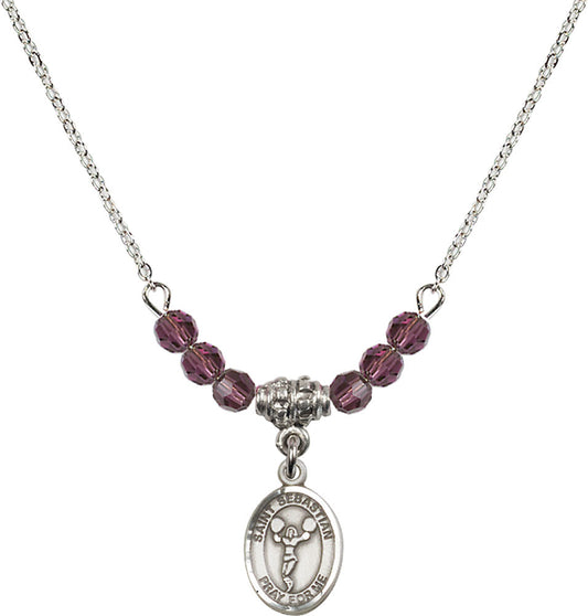 Sterling Silver Saint Sebastian/Cheerleading Birthstone Necklace with Amethyst Beads - 9170