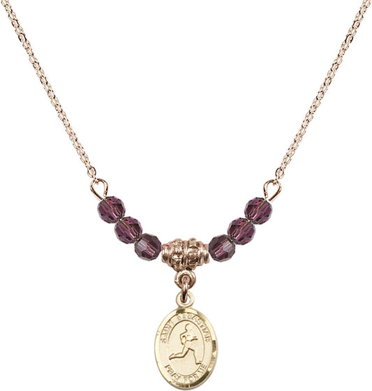 14kt Gold Filled Saint Sebastian/Track & Field Birthstone Necklace with Amethyst Beads - 9176