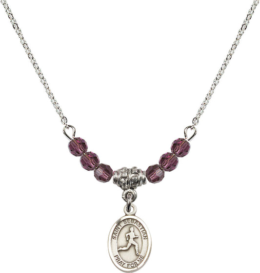 Sterling Silver Saint Sebastian/Track & Field Birthstone Necklace with Amethyst Beads - 9176
