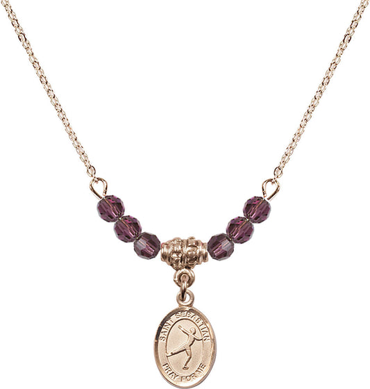 14kt Gold Filled Saint Sebastian/Figure Skating Birthstone Necklace with Amethyst Beads - 9177