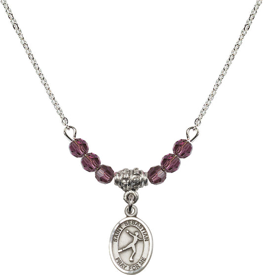 Sterling Silver Saint Sebastian/Figure Skating Birthstone Necklace with Amethyst Beads - 9177