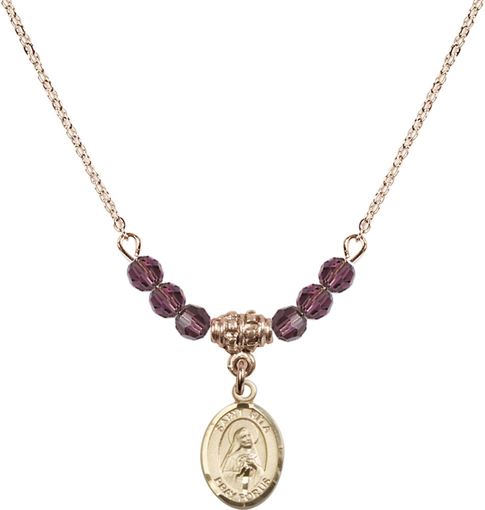 14kt Gold Filled Saint Rita / Baseball Birthstone Necklace with Amethyst Beads - 9181