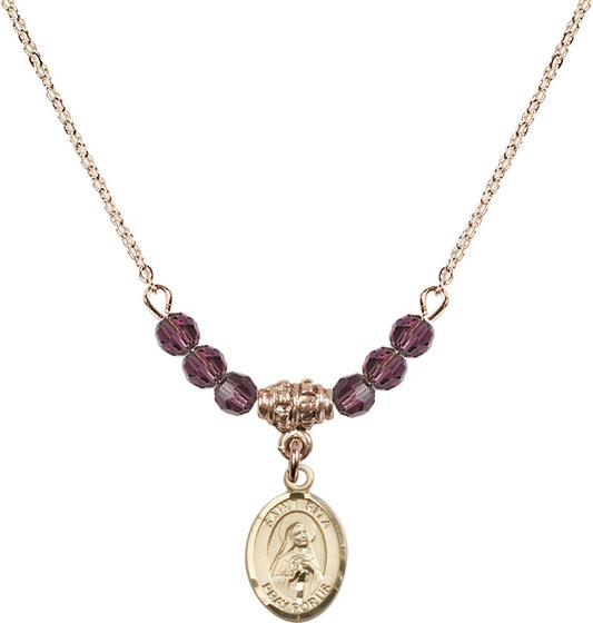 14kt Gold Filled Saint Rita / Baseball Birthstone Necklace with Amethyst Beads - 9181