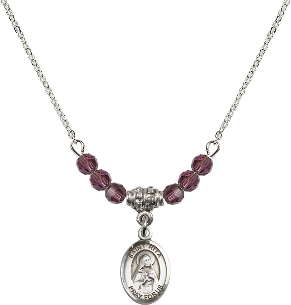 Sterling Silver Saint Rita / Baseball Birthstone Necklace with Amethyst Beads - 9181