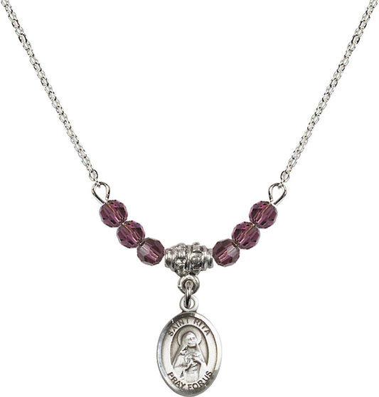 Sterling Silver Saint Rita / Baseball Birthstone Necklace with Amethyst Beads - 9181