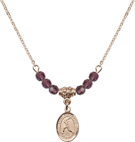 14kt Gold Filled Saint Sebastian/Softball Birthstone Necklace with Amethyst Beads - 9183