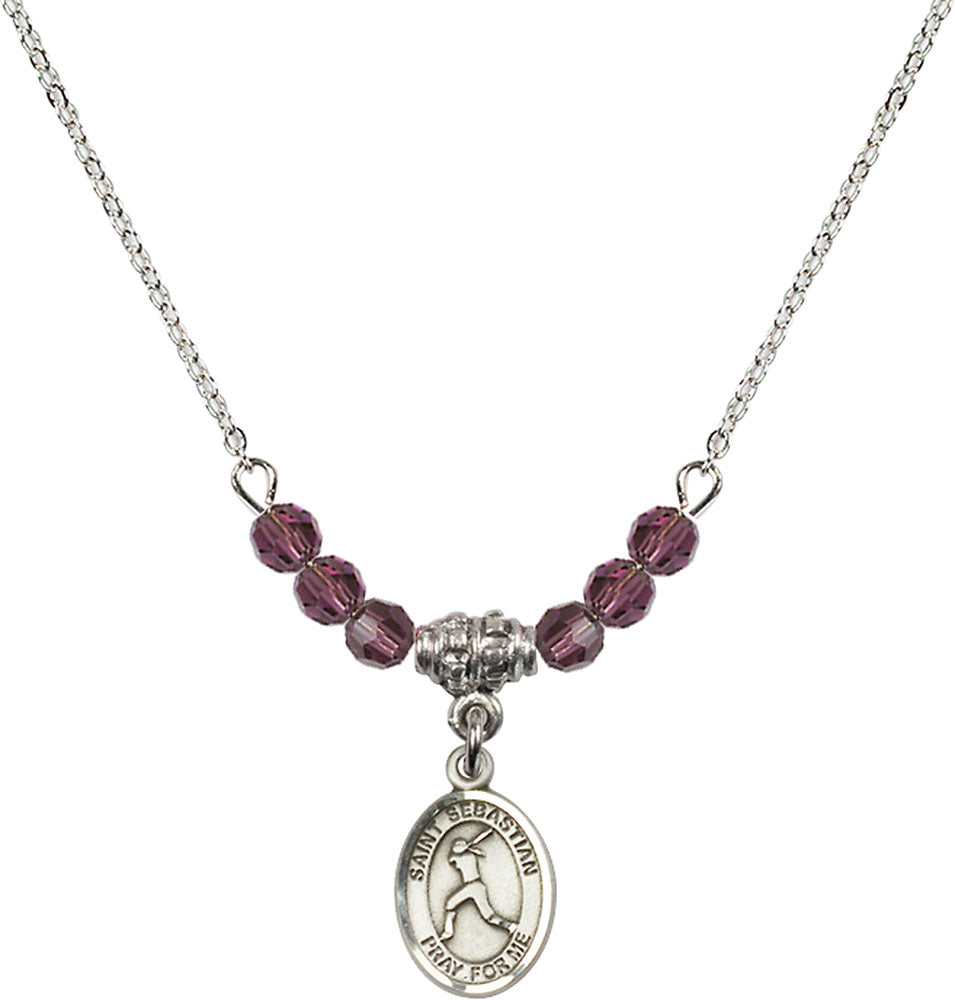Sterling Silver Saint Sebastian/Softball Birthstone Necklace with Amethyst Beads - 9183