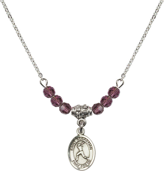 Sterling Silver Saint Sebastian/Softball Birthstone Necklace with Amethyst Beads - 9183