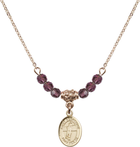 14kt Gold Filled Saint Sebastian / Volleyball Birthstone Necklace with Amethyst Beads - 9186