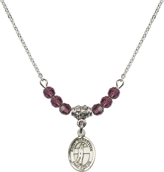 Sterling Silver Saint Sebastian / Volleyball Birthstone Necklace with Amethyst Beads - 9186