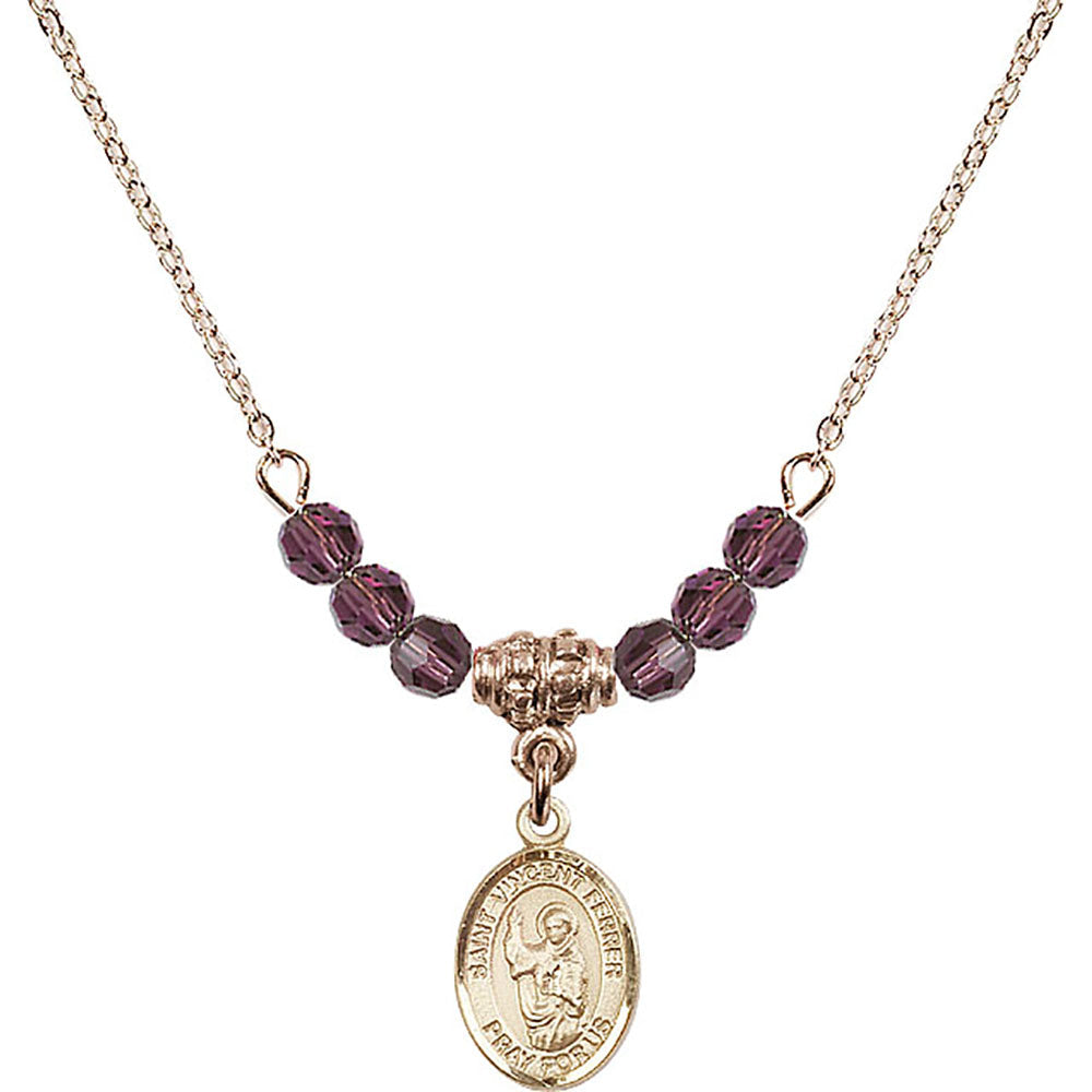 14kt Gold Filled Saint Vincent Ferrer Birthstone Necklace with Amethyst Beads - 9201