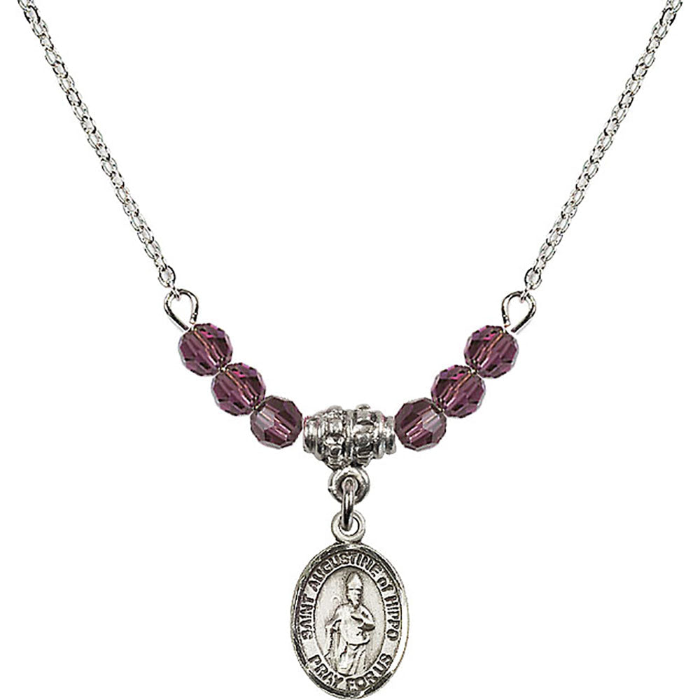 Sterling Silver Saint Augustine of Hippo Birthstone Necklace with Amethyst Beads - 9202