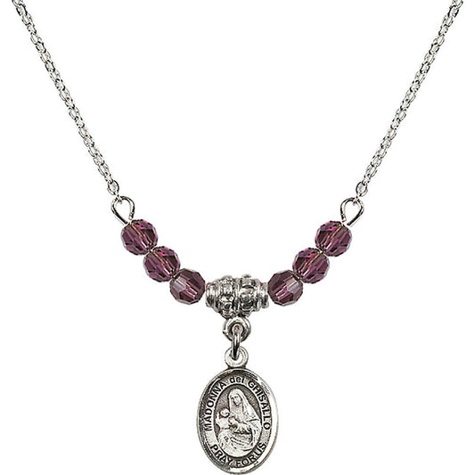 Sterling Silver Madonna del Ghisallo Birthstone Necklace with Amethyst Beads - 9203