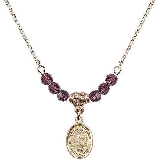 14kt Gold Filled Our Lady of Guadalupe Birthstone Necklace with Amethyst Beads - 9206