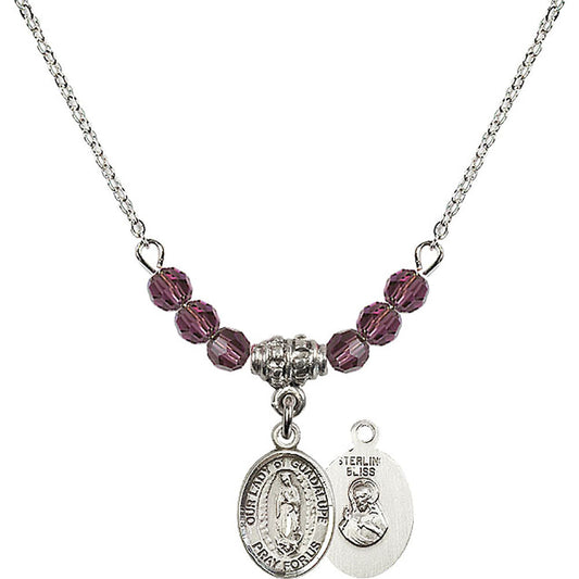 Sterling Silver Our Lady of Guadalupe Birthstone Necklace with Amethyst Beads - 9206