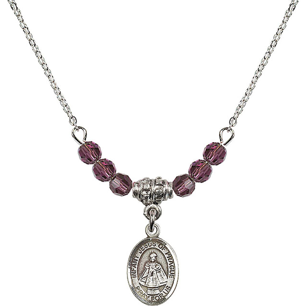 Sterling Silver Infant of Prague Birthstone Necklace with Amethyst Beads - 9207