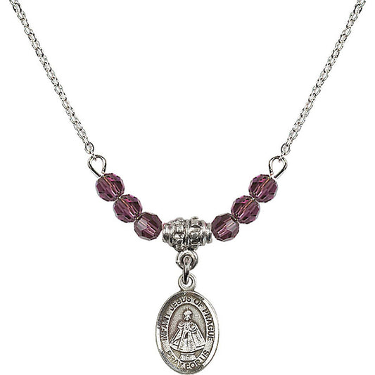 Sterling Silver Infant of Prague Birthstone Necklace with Amethyst Beads - 9207