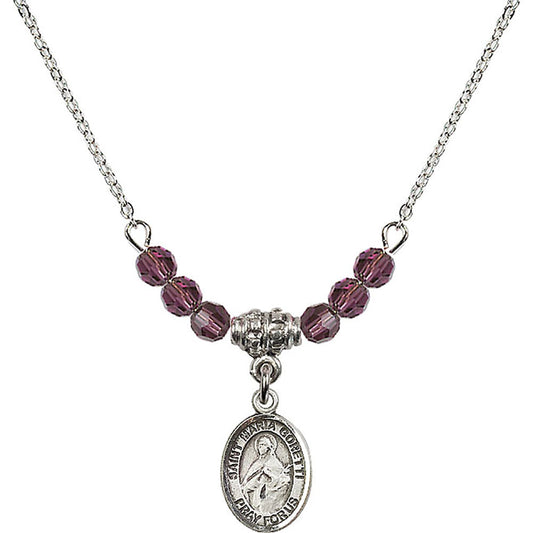Sterling Silver Saint Maria Goretti Birthstone Necklace with Amethyst Beads - 9208