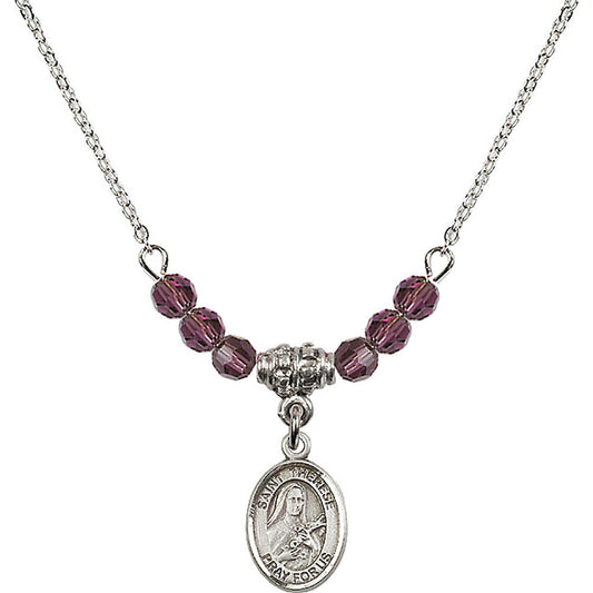 Sterling Silver Saint Therese of Lisieux Birthstone Necklace with Amethyst Beads - 9210