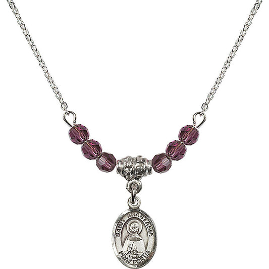 Sterling Silver Saint Anastasia Birthstone Necklace with Amethyst Beads - 9213