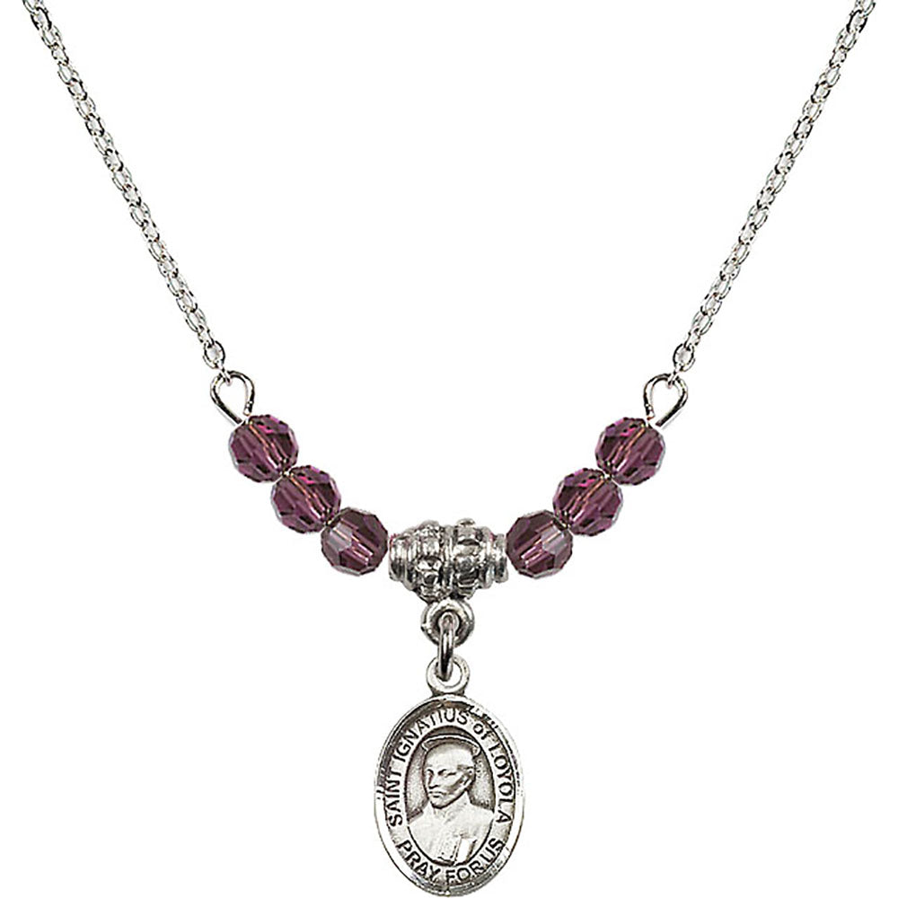 Sterling Silver Saint Ignatius of Loyola Birthstone Necklace with Amethyst Beads - 9217