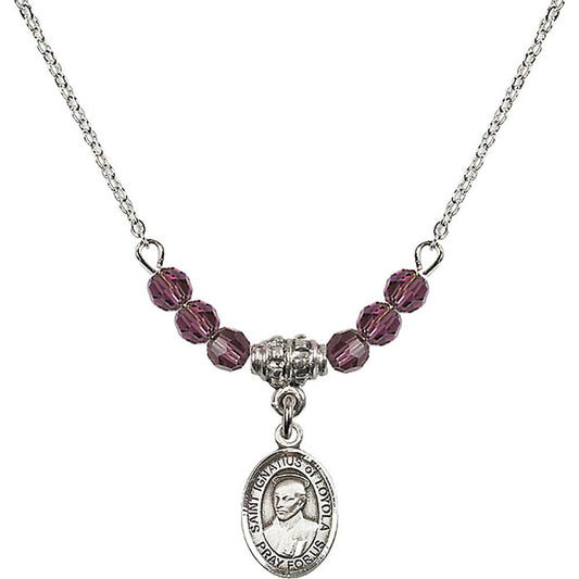 Sterling Silver Saint Ignatius of Loyola Birthstone Necklace with Amethyst Beads - 9217