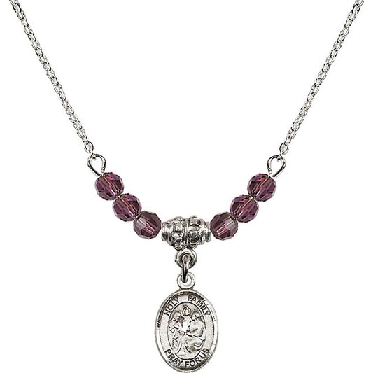 Sterling Silver Holy Family Birthstone Necklace with Amethyst Beads - 9218