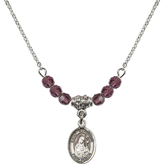 Sterling Silver Saint Gertrude of Nivelles Birthstone Necklace with Amethyst Beads - 9219