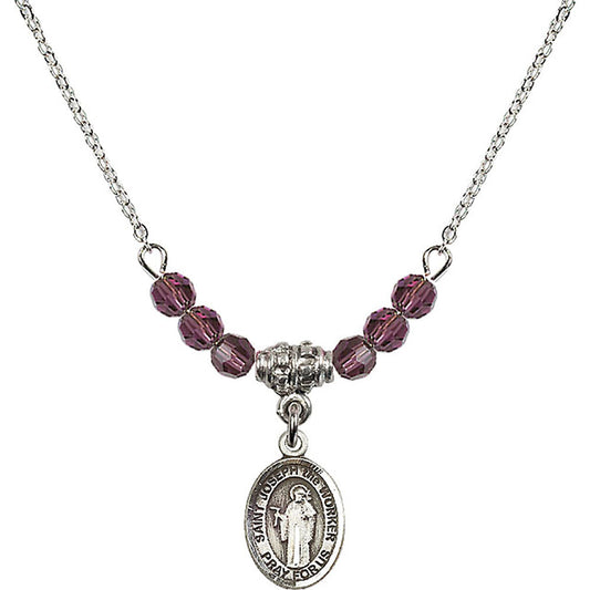 Sterling Silver Saint Joseph the Worker Birthstone Necklace with Amethyst Beads - 9220