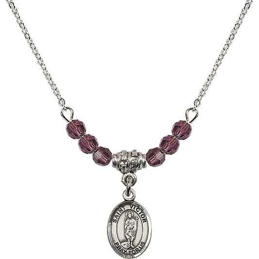 Sterling Silver Saint Victor of Marseilles Birthstone Necklace with Amethyst Beads - 9223