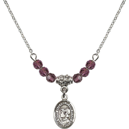 Sterling Silver Saint Elizabeth Ann Seton Birthstone Necklace with Amethyst Beads - 9224