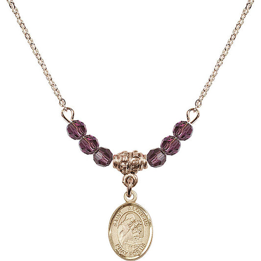 14kt Gold Filled Saint Aloysius Gonzaga Birthstone Necklace with Amethyst Beads - 9225