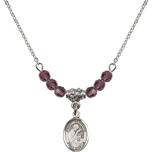 Sterling Silver Saint Aloysius Gonzaga Birthstone Necklace with Amethyst Beads - 9225