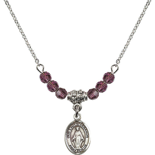 Sterling Silver Our Lady of Lebanon Birthstone Necklace with Amethyst Beads - 9229