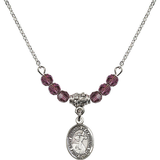 Sterling Silver Saint Bernard of Clairvaux Birthstone Necklace with Amethyst Beads - 9233