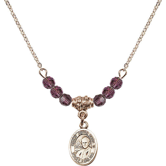 14kt Gold Filled Saint John Paul II Birthstone Necklace with Amethyst Beads - 9234