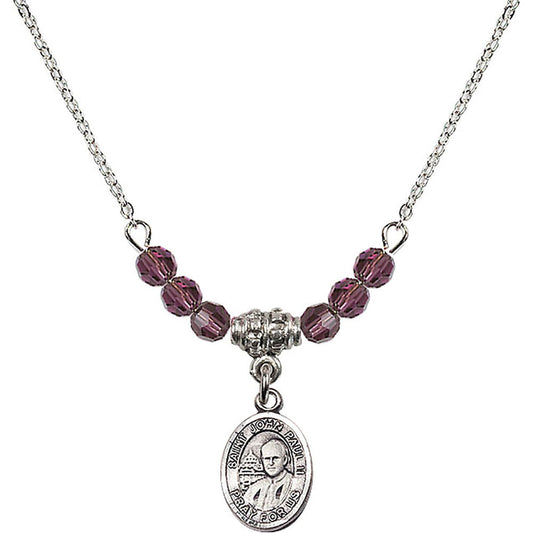 Sterling Silver Saint John Paul II Birthstone Necklace with Amethyst Beads - 9234