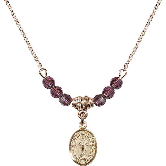 14kt Gold Filled Our Lady of All Nations Birthstone Necklace with Amethyst Beads - 9242