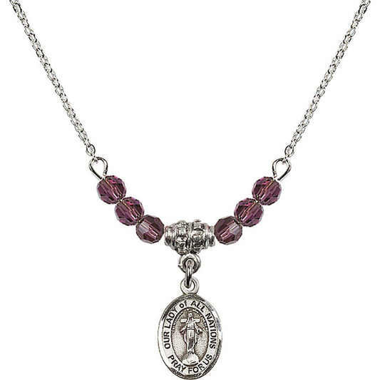 Sterling Silver Our Lady of All Nations Birthstone Necklace with Amethyst Beads - 9242