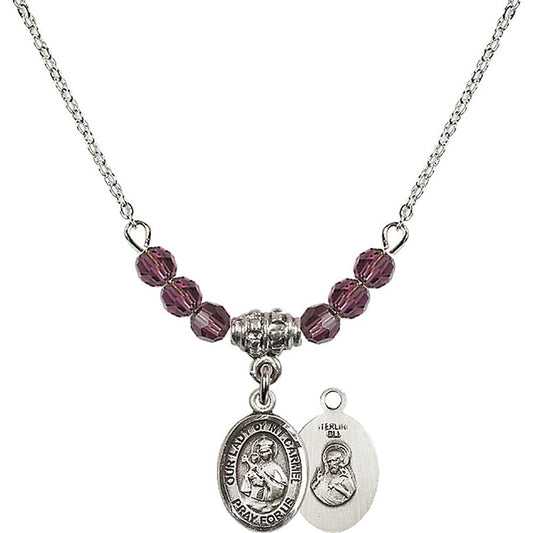 Sterling Silver Our Lady of Mount Carmel Birthstone Necklace with Amethyst Beads - 9243